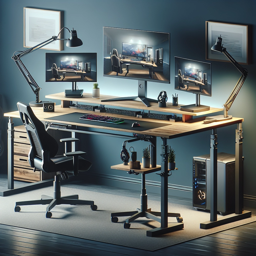 Bureau gaming réglable électrique dans un setup moderne avec double écran et gestion des câbles