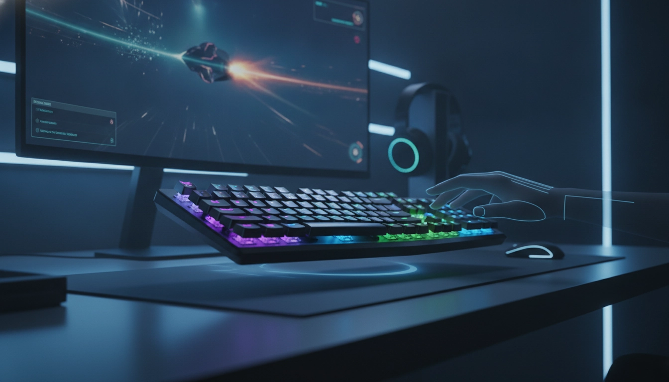 Joueur professionnel utilisant un clavier mécanique sans fil sur un bureau épuré