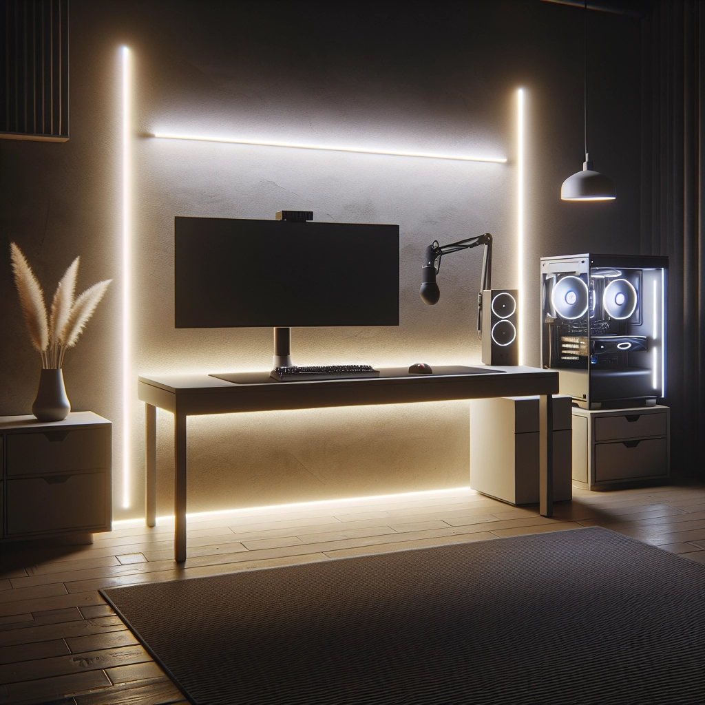 Exemple de choisir installer éclairage optimal setup gaming fatigue oculaire avec bias lighting derrière l’écran et lumière ambiante douce
