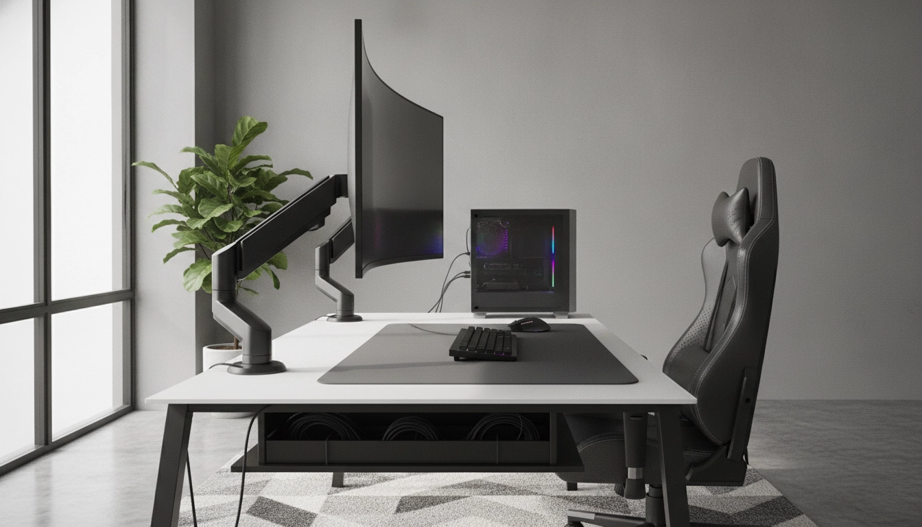 Bras articulé ergonomique soutenant un écran ultra-large sur un bureau minimaliste.