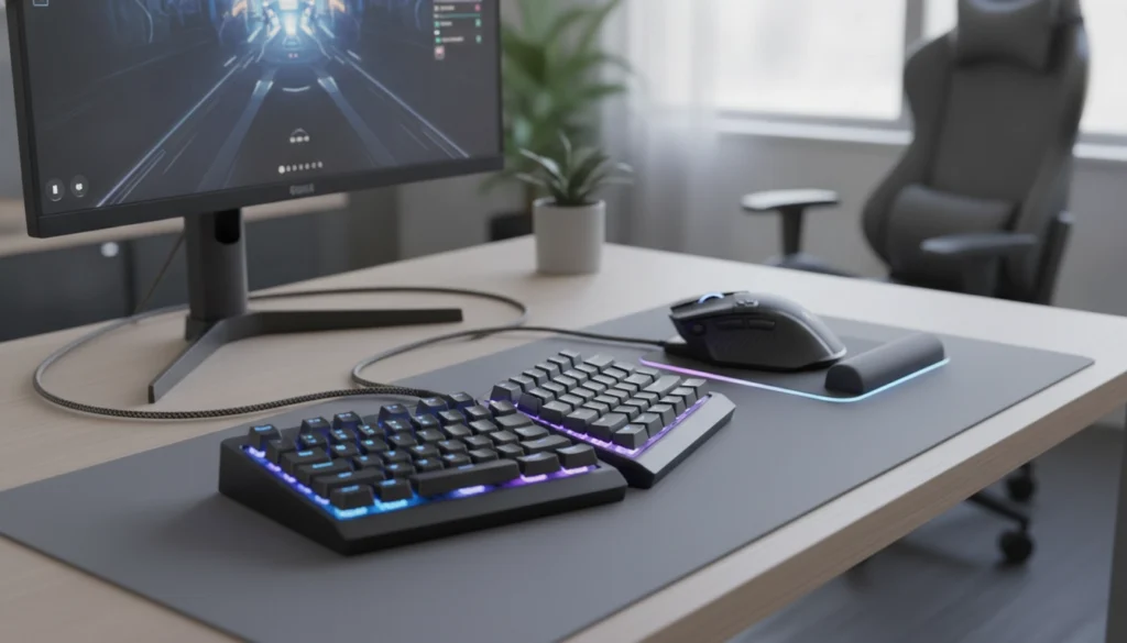 Setup gaming avec souris verticale et clavier scindé pour éviter les douleurs