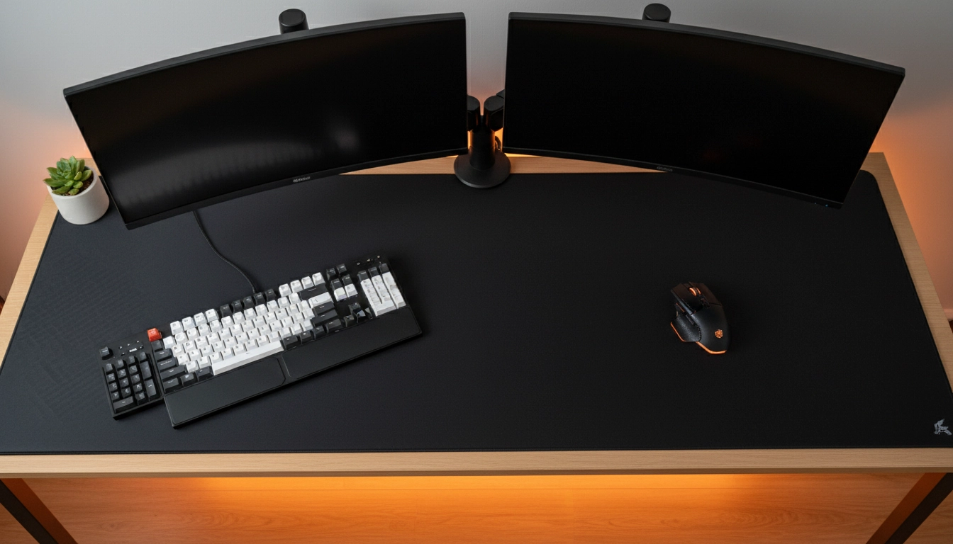 Vue de haut pour positionner tapis souris XXL avec clavier centré ou décalé.