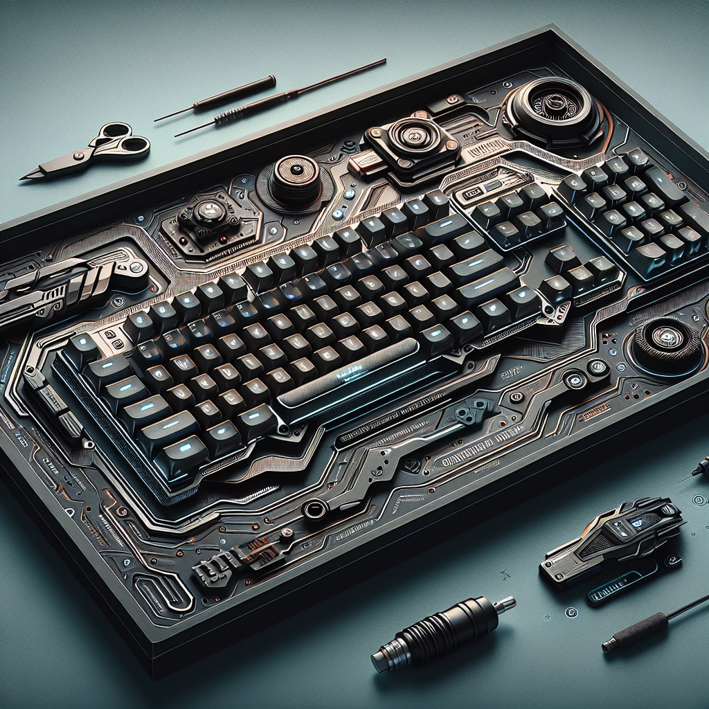 Clavier mécanique gaming sur bureau avec setup complet et éclairage sobre