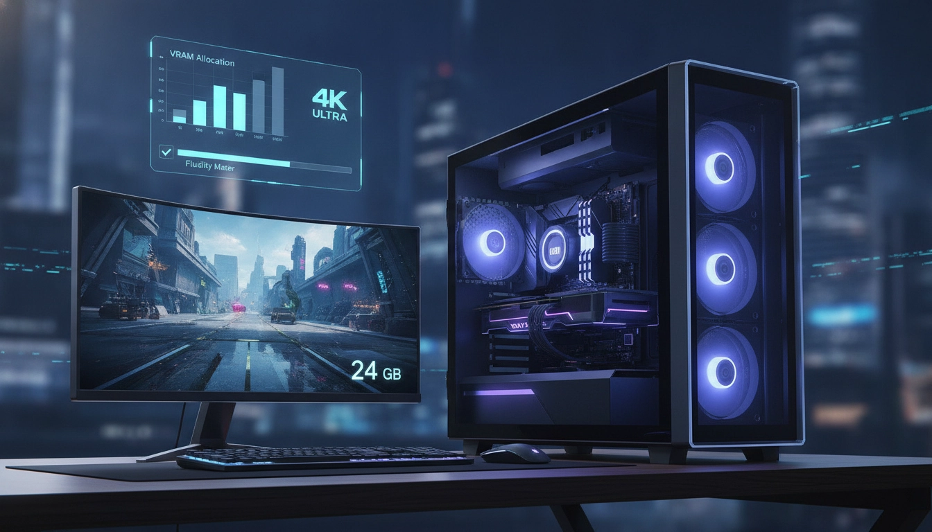Un joueur passionné configurant ses paramètres graphiques pour savoir combien de vram pour jouer en 4k ultra sur un écran haut de gamme.