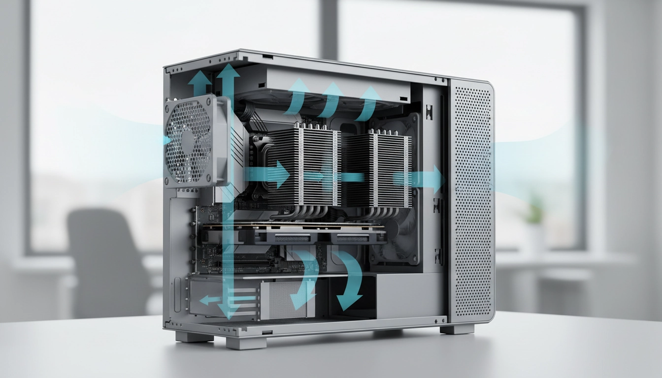 Dissipateur thermique passif à ailettes en aluminium monté sur un CPU, illustrant comment fonctionne le refroidissement air passif pc