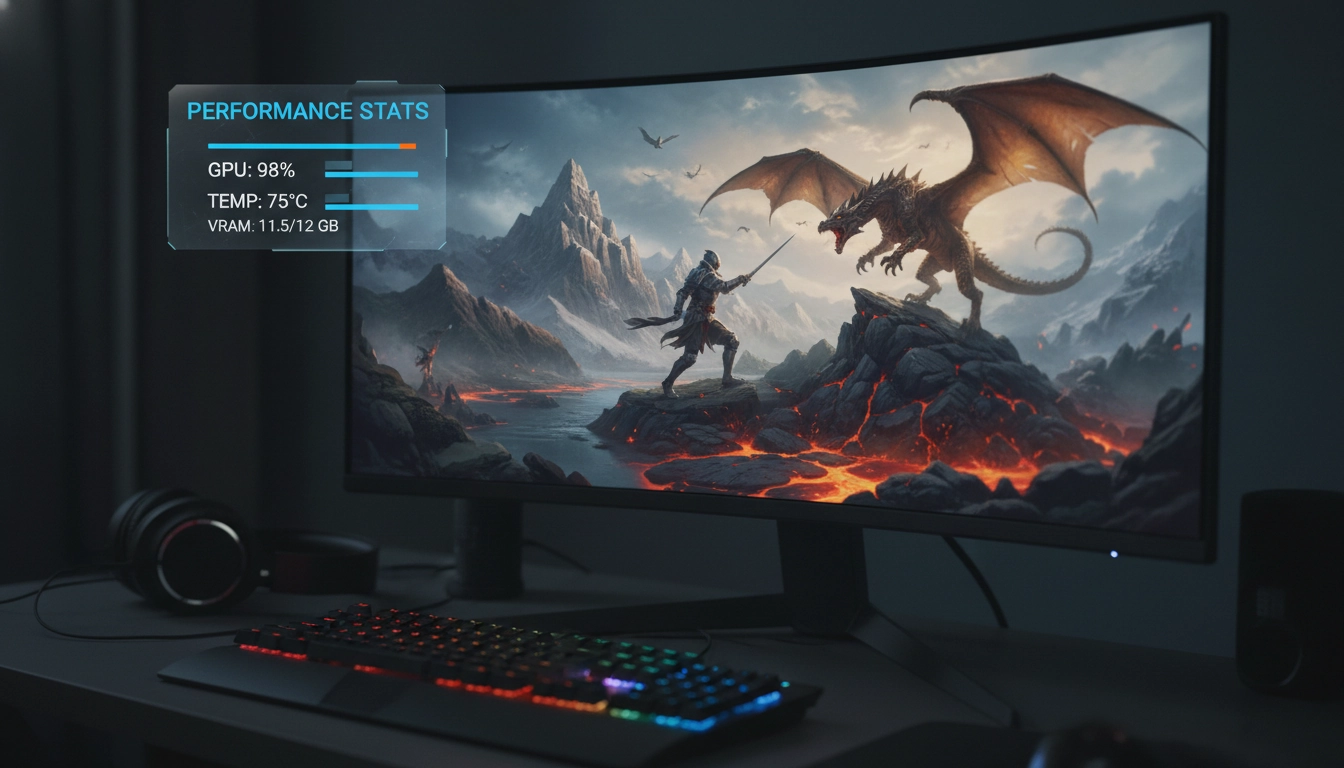 Écran d'ordinateur affichant un jeu vidéo et un overlay expliquant comment vérifier utilisation VRAM gaming en temps réel.