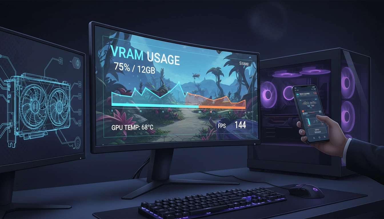 Interface logicielle montrant comment vérifier utilisation VRAM gaming en temps réel sur un écran de PC.
