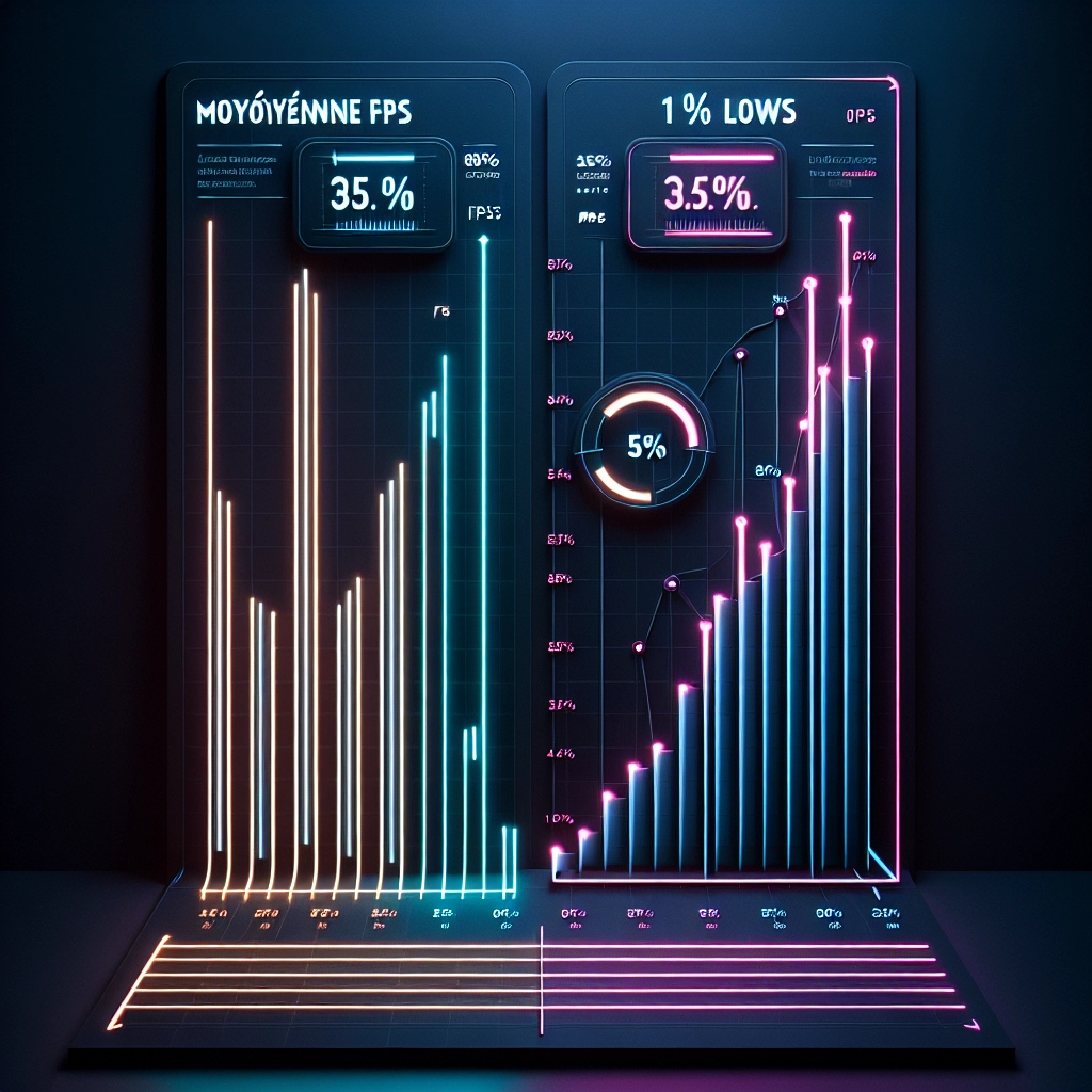 Graphiques FPS moyens et 1% lows pour comparer la fluidité en jeu entre Intel et AMD haut de gamme