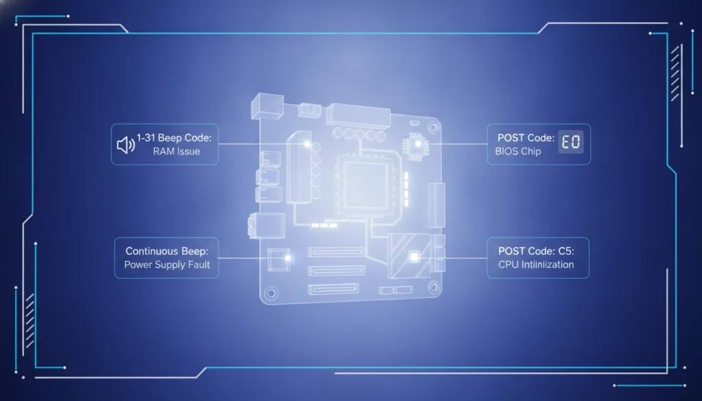 Gros plan sur une carte mère d'ordinateur affichant un code POST lumineux pour le diagnostic