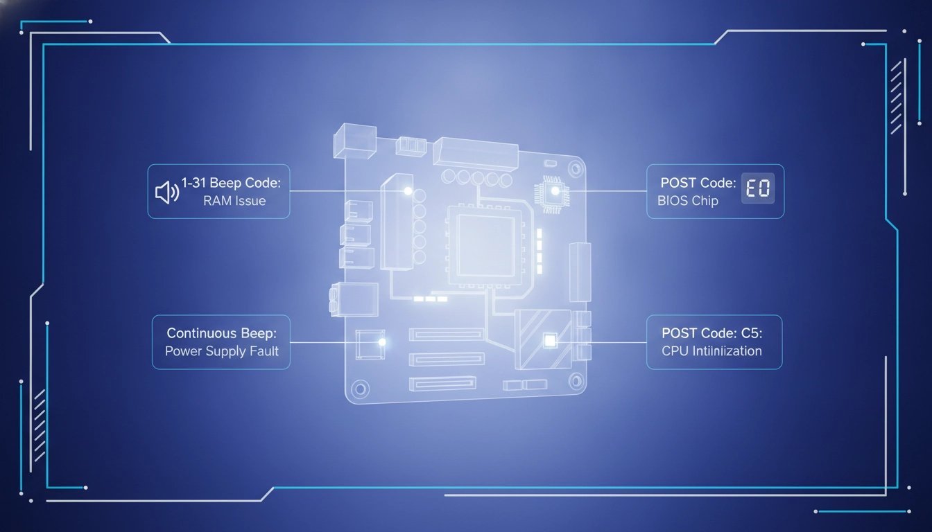 Gros plan sur une carte mère d'ordinateur affichant un code POST lumineux pour le diagnostic