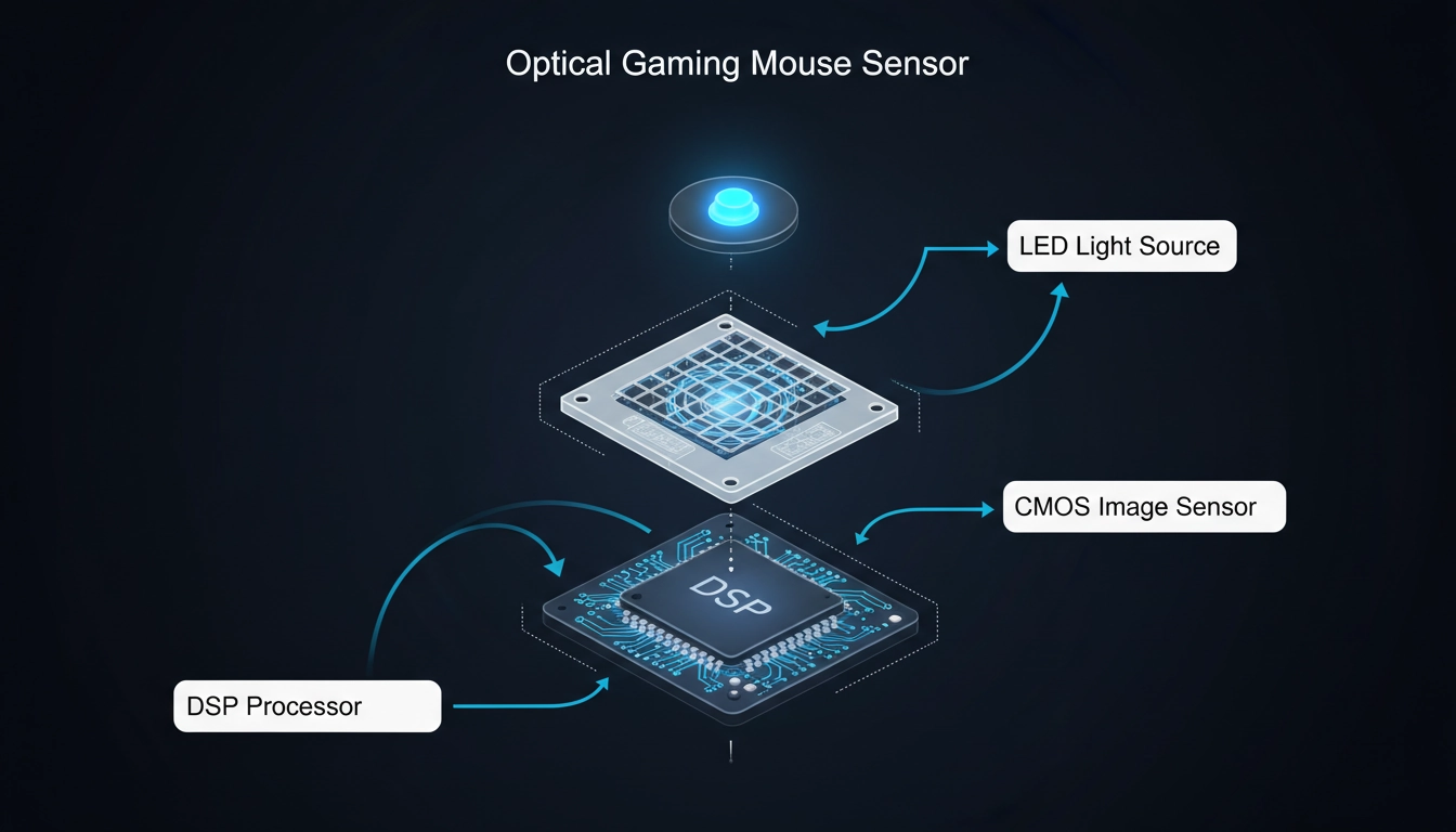 Illustration technique pour comprendre le capteur souris gaming optique laser avec ses composants LED et CMOS