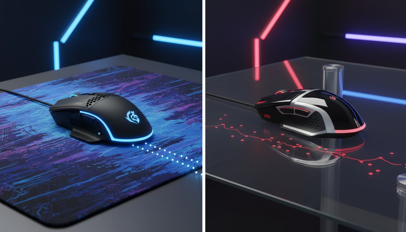 Comparaison visuelle d'une souris gaming optique sur tapis et d'une souris laser sur bureau en verre