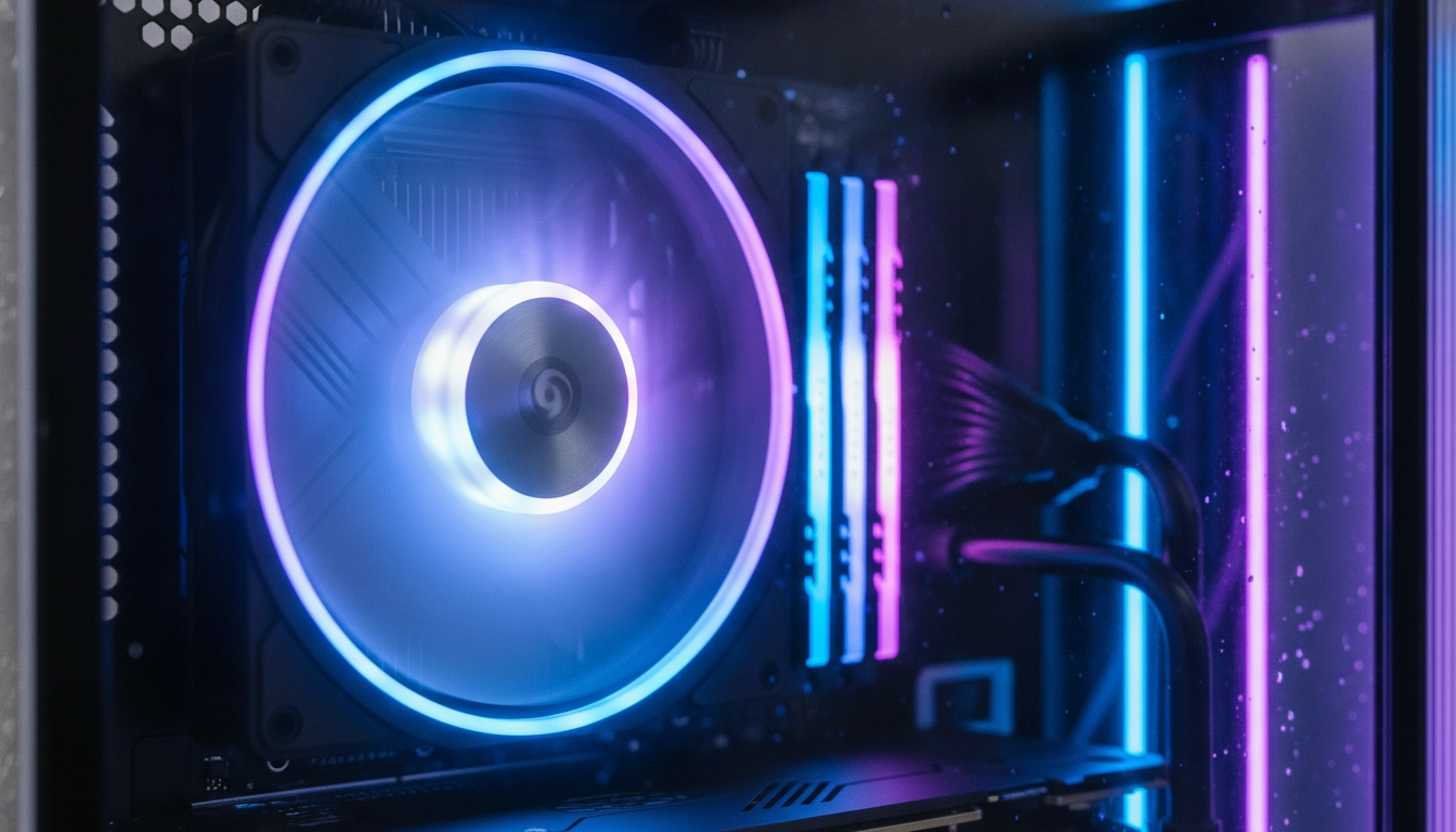 Gros plan détaillé pour comprendre caractéristiques ventilateur refroidissement air pc dans un boîtier gamer