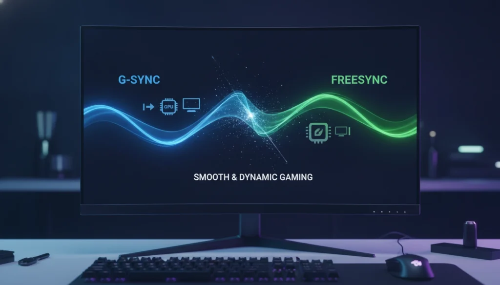 Moniteur gaming affichant un jeu fluide grâce aux technologies de synchronisation.