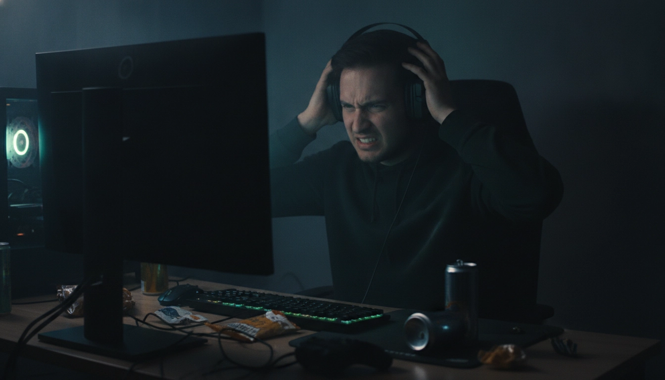 Joueur frustré par une mauvaise configuration audio dans un jeu de tir compétitif.