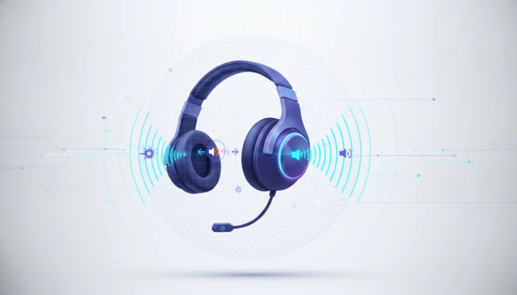 Joueur e-sport concentré utilisant un casque gaming avec son surround virtuel.