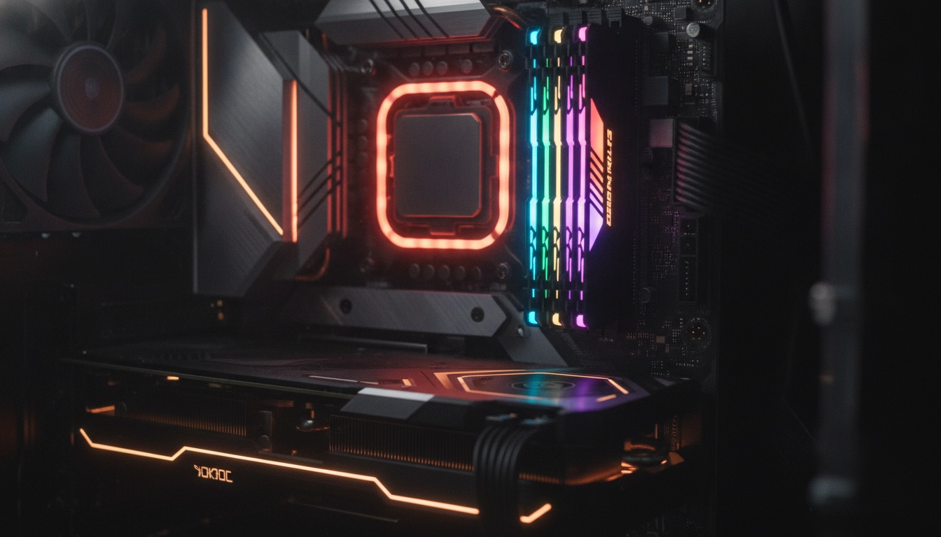 Intérieur d'un PC gamer montrant la carte mère et les barrettes de RAM éclairées en rouge.