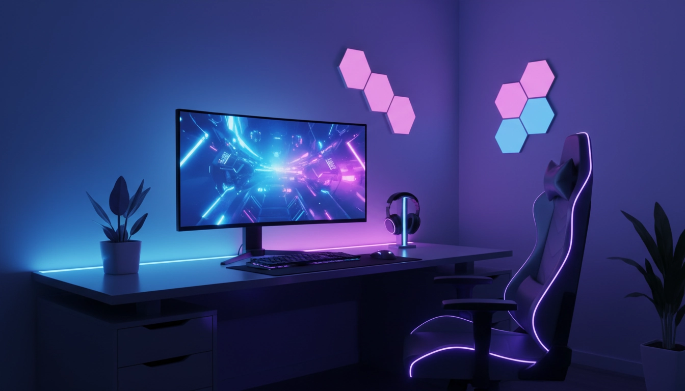 Un bureau de gamer moderne avec un éclairage LED bleu et violet parfaitement synchronisé.