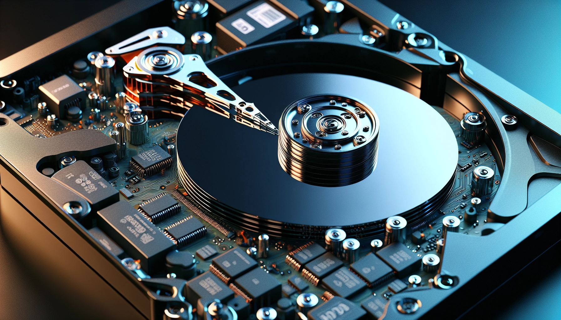Intérieur d'un disque dur mécanique illustrant la fragmentation des données avant défragmentation pour améliorer les performances du PC