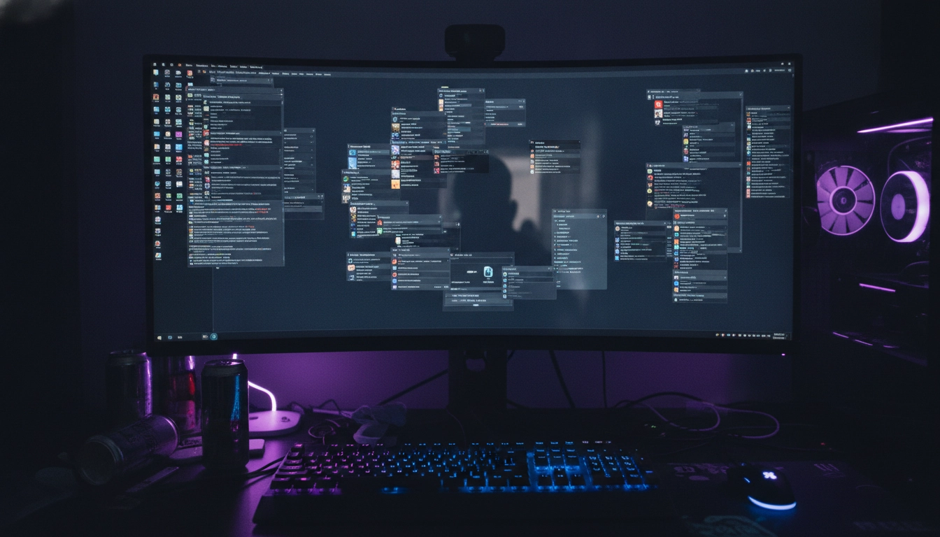Un bureau d'ordinateur surchargé illustrant la nécessité de désactiver programmes démarrage automatique windows 10 11 gaming pour retrouver des performances.