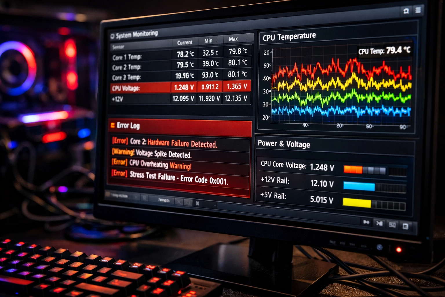 Logiciel de diagnostic HWiNFO affichant températures et tensions pour diagnostiquer l'instabilité système après overclocking
