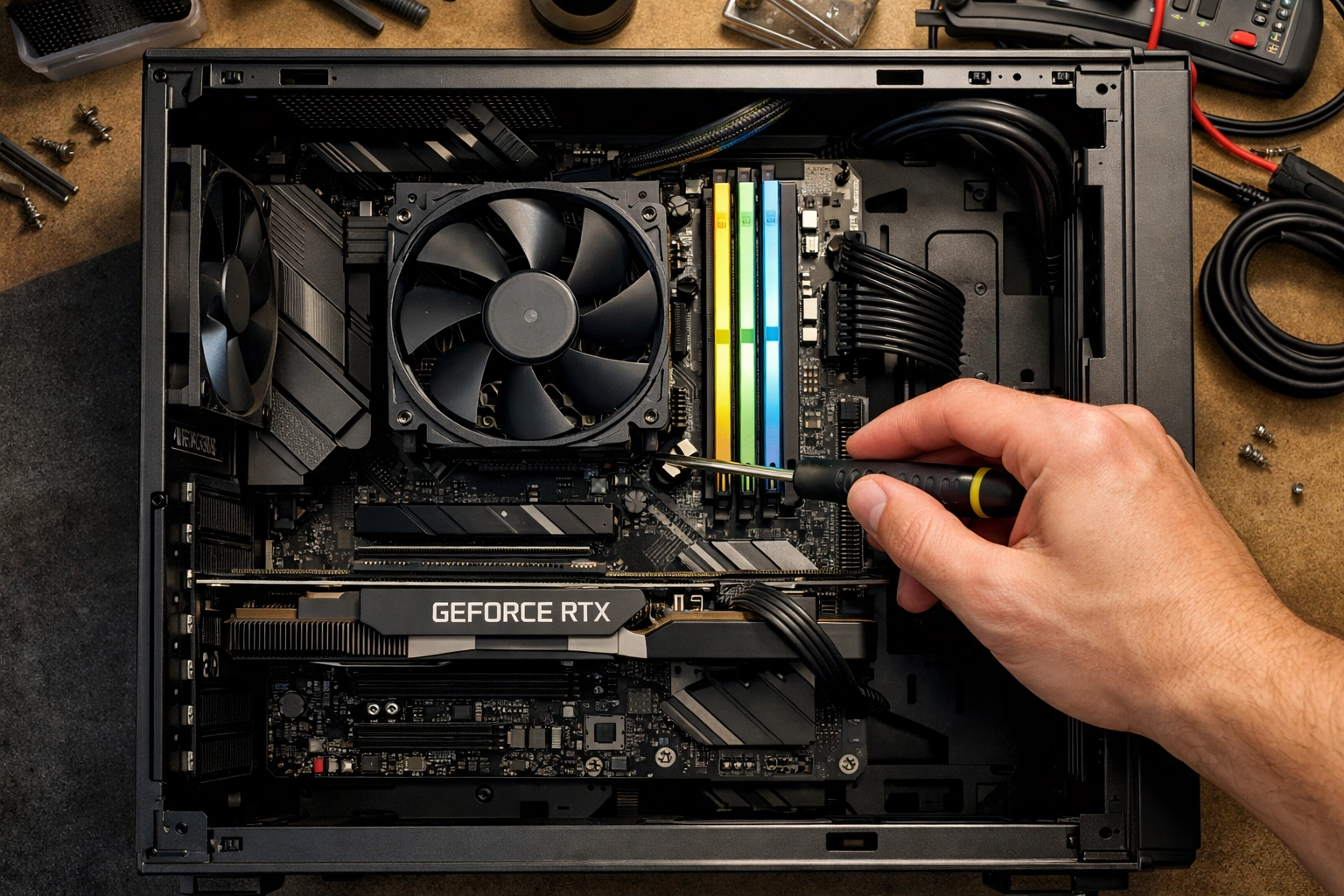 Vue intérieure d'un PC en cours de configuration pour valider la stabilité après overclocking et éviter une instabilité système