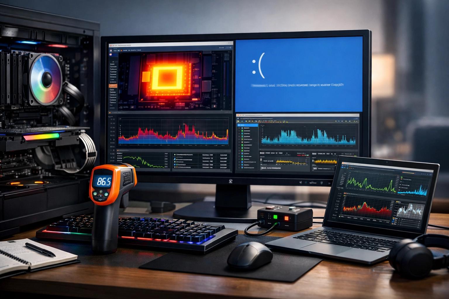 Écran d'ordinateur affichant des outils de diagnostic pour détecter une instabilité système après overclocking
