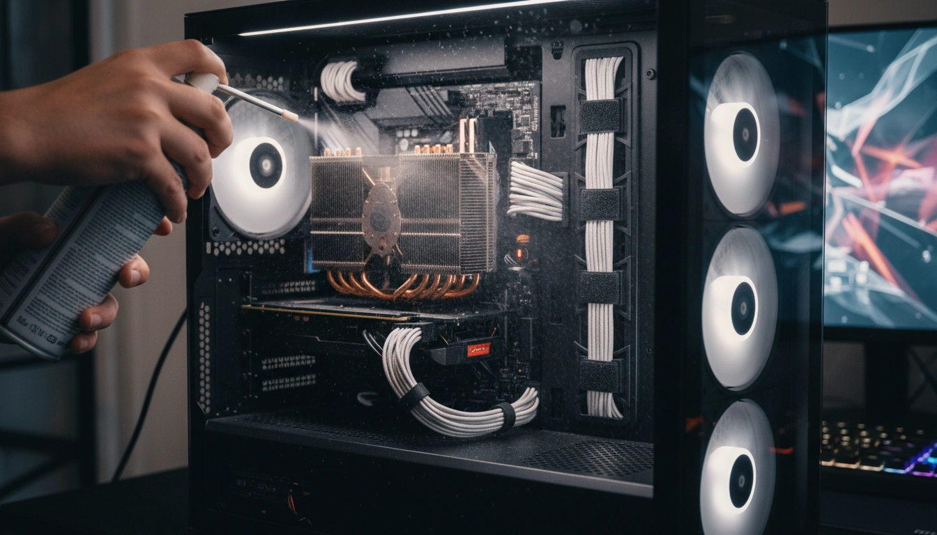 Nettoyage d'un ordinateur gamer avec une bombe à air sec pour améliorer la ventilation et retirer la poussière.