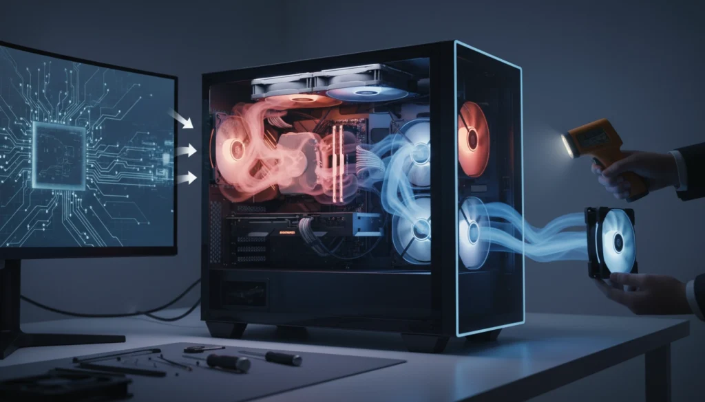 Gros plan sur l'intérieur d'un boîtier PC gamer avec des ventilateurs RGB pour illustrer comment diagnostiquer mauvais flux d'air boîtier pc.