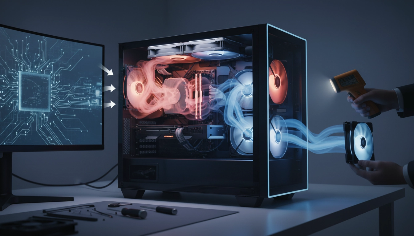 Gros plan sur l'intérieur d'un boîtier PC gamer avec des ventilateurs RGB pour illustrer comment diagnostiquer mauvais flux d'air boîtier pc.