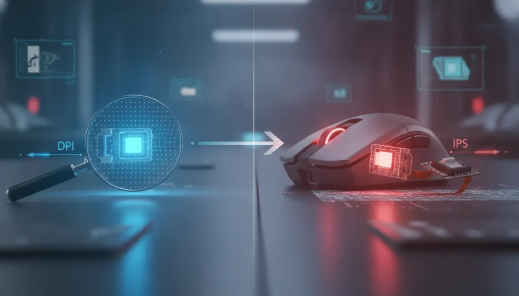 Une souris gaming haute performance posée sur un tapis de souris sombre.
