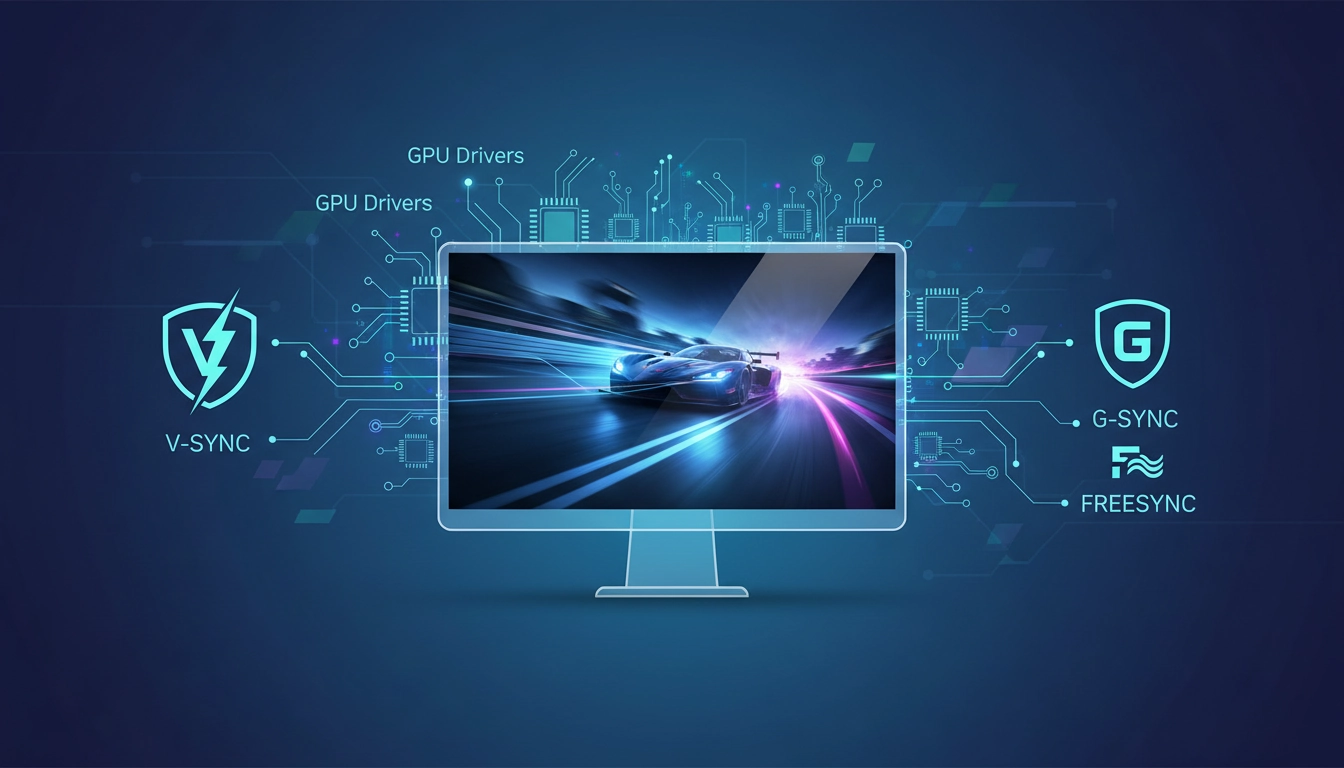 Écran de PC gaming montrant une image fluide sans déchirure grâce à une bonne synchronisation.