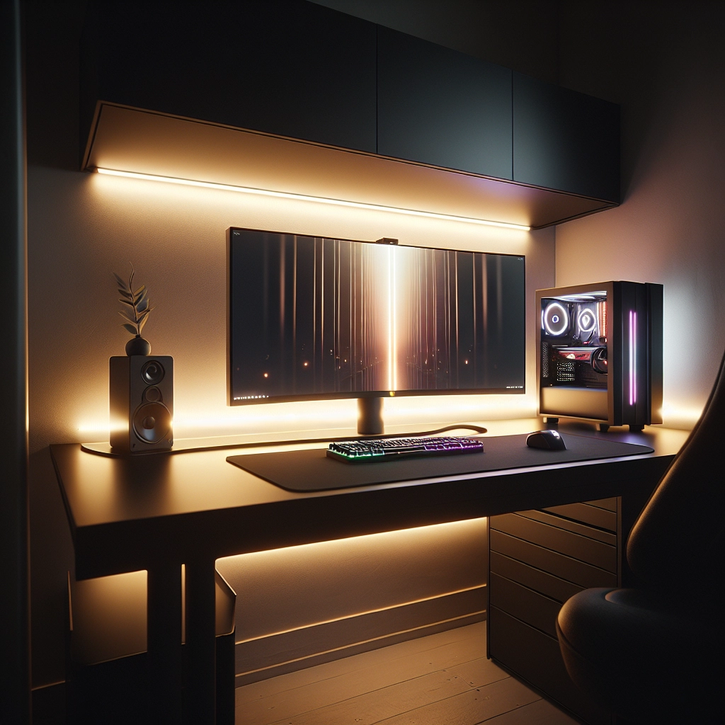 Éclairage rgb gaming derrière écran et sous le bureau pour une ambiance immersive et propre