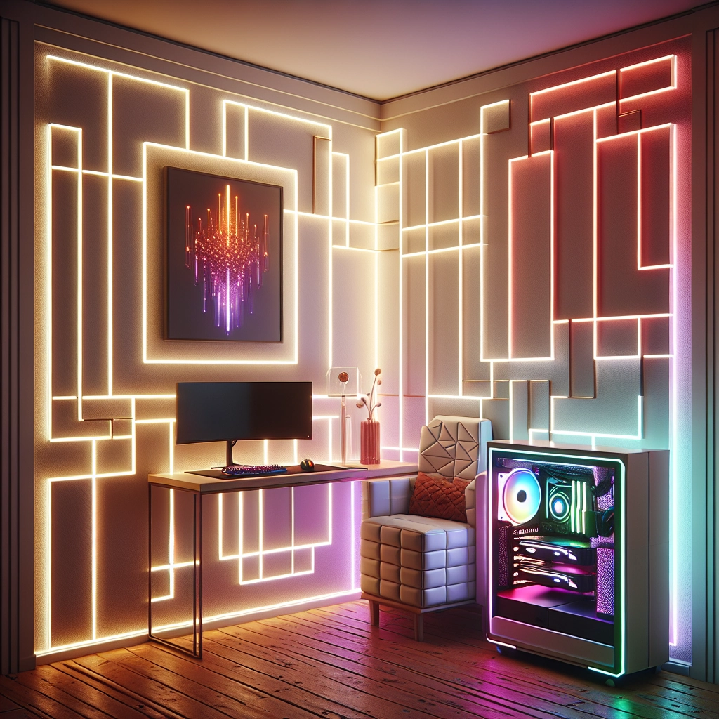 Mur décoratif avec panneaux lumineux et néon pour un setup gaming personnalisé