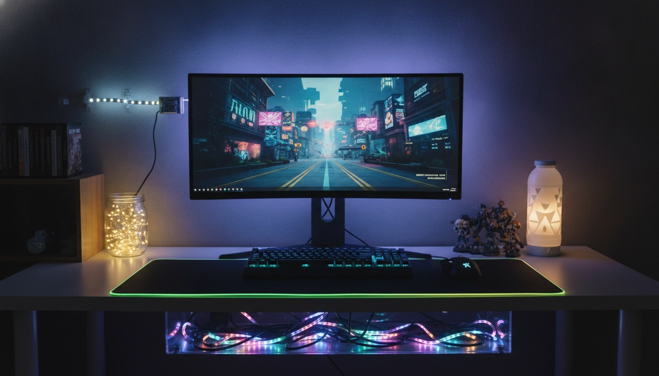 Un bureau de joueur illuminé par un éclairage setup gaming pas cher diy avec des LED bleues et violettes.