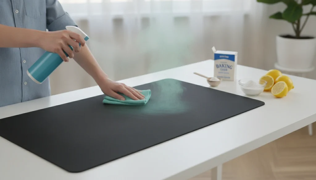 Joueur nettoyant un tapis de souris gaming XXL qui sent mauvais comment éliminer odeur avec du savon doux.