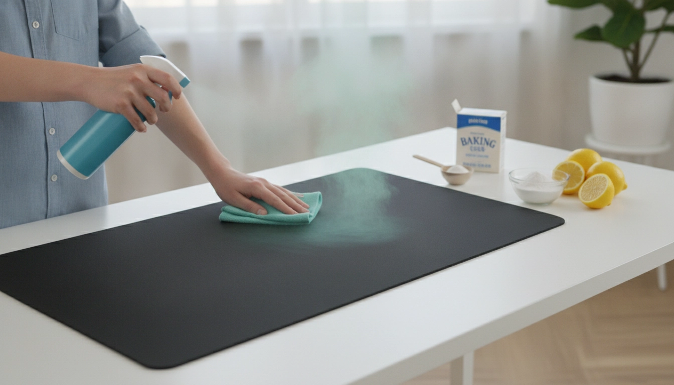 Joueur nettoyant un tapis de souris gaming XXL qui sent mauvais comment éliminer odeur avec du savon doux.
