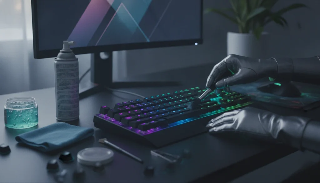Gros plan sur un clavier gaming mécanique propre avec un éclairage RGB éclatant
