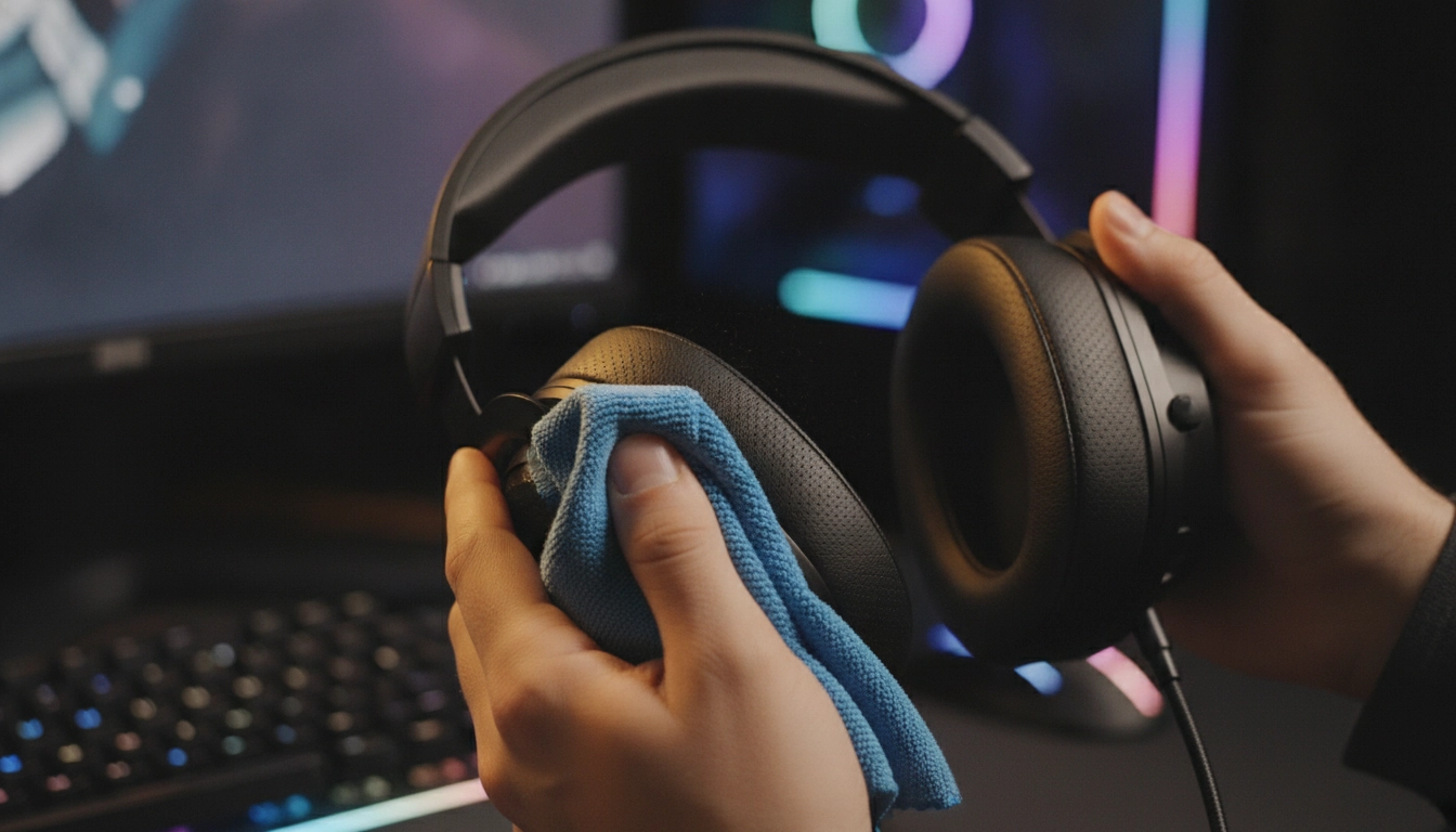 Un joueur nettoie soigneusement ses écouteurs pour entretenir prolonger durée vie casque gaming.
