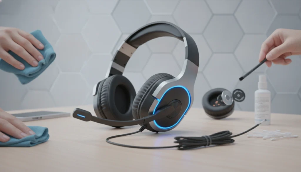 Un joueur nettoie soigneusement ses écouteurs pour entretenir prolonger durée vie casque gaming.