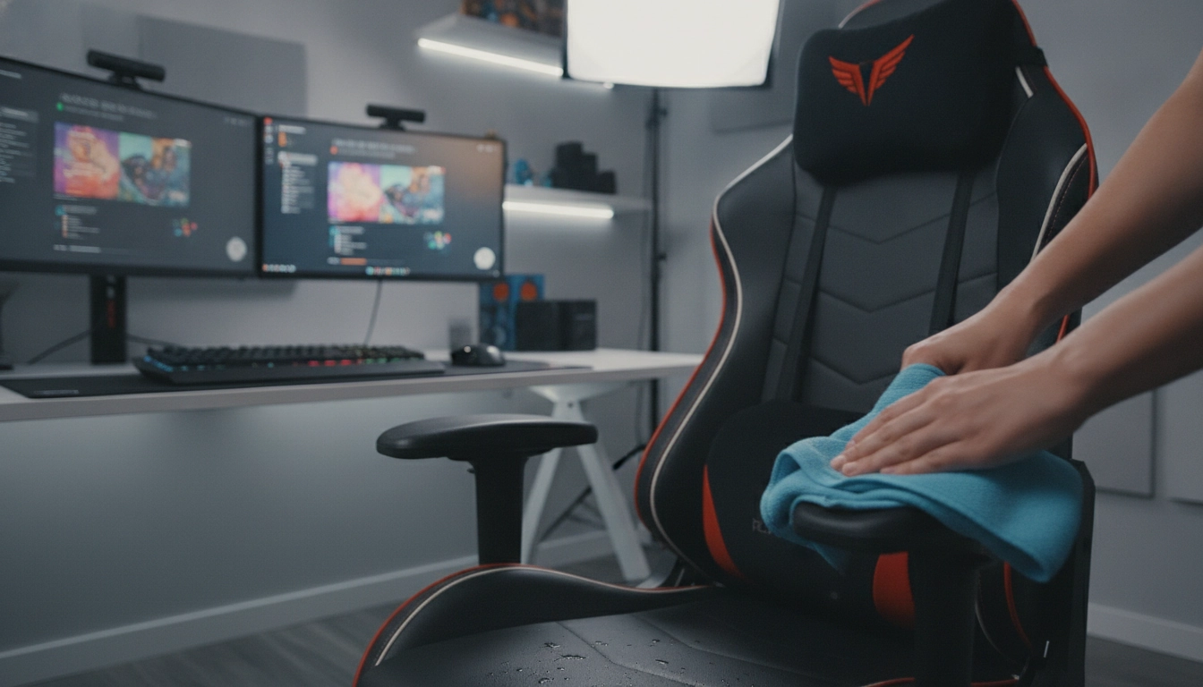 Un joueur qui nettoie son fauteuil pour entretenir siège gaming durée vie sur le long terme