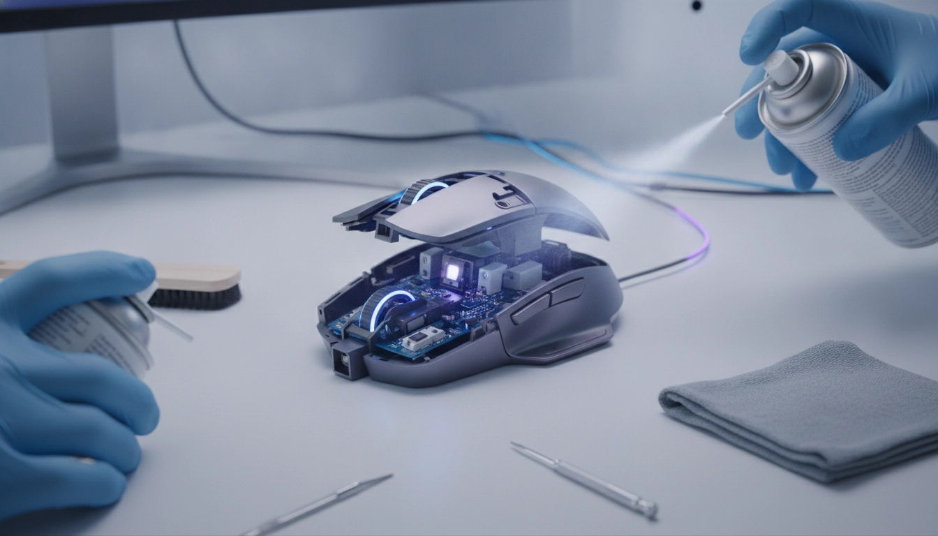 Un joueur professionnel en train d'entretenir souris gaming durée vie avec un kit de nettoyage spécialisé