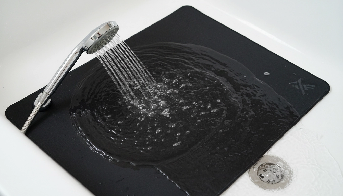 Rinçage d'un tapis gaming XXL sous la douche, étape clé de l'entretien tapis gaming en profondeur