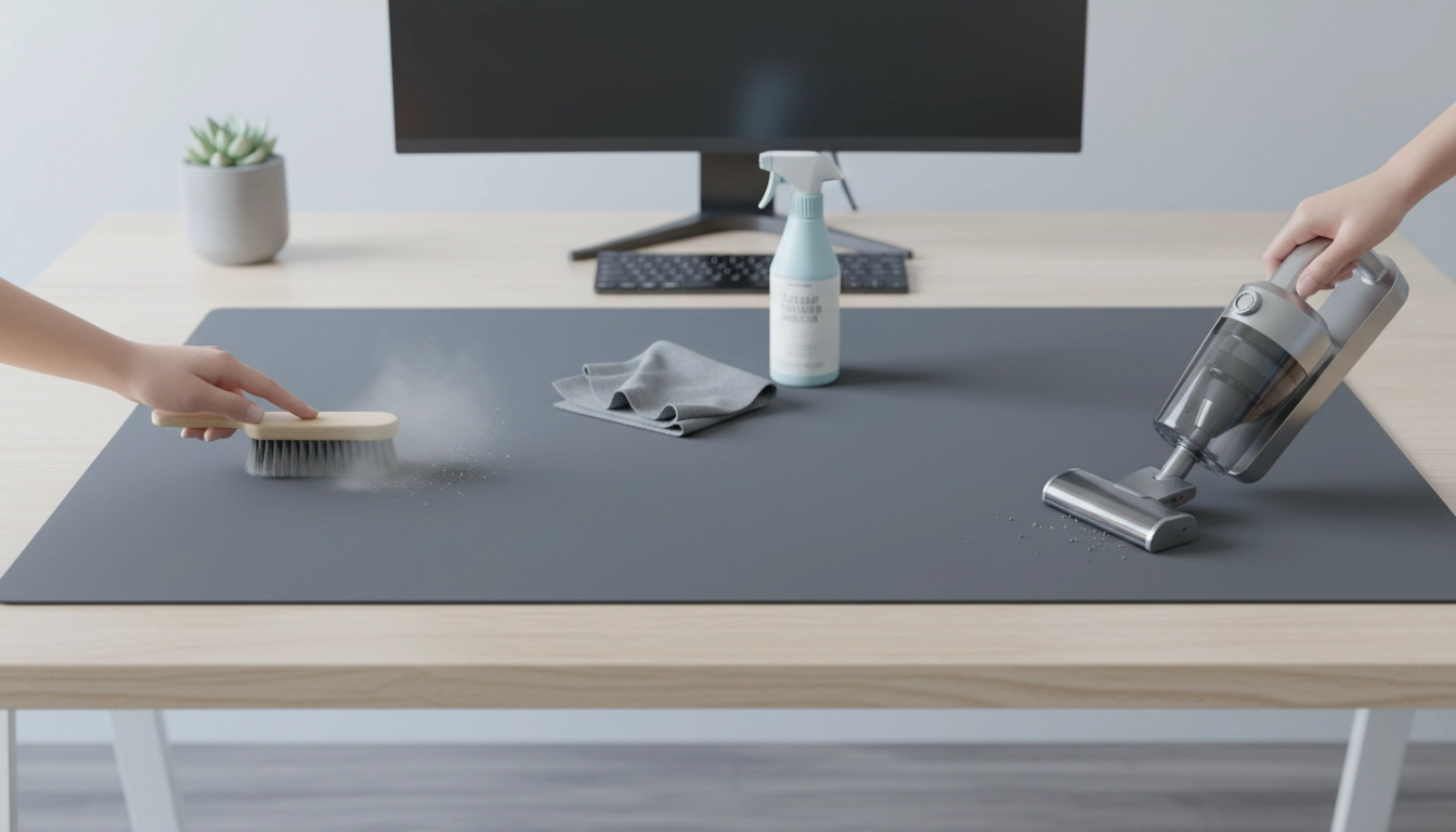 Guide d'entretien tapis gaming XXL avec produits de nettoyage adaptés sur un bureau gaming