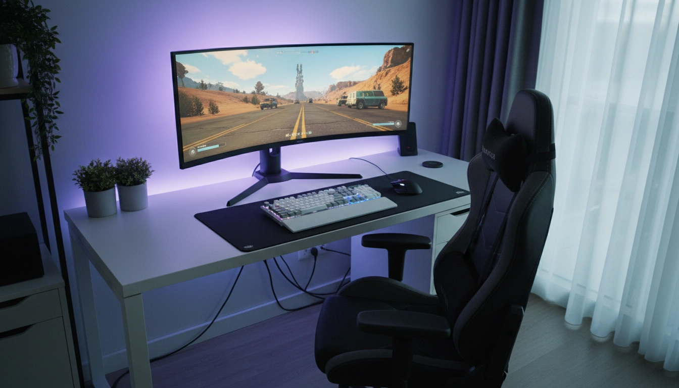 Setup gaming ergonomique complet avec siège ajustable et écran positionné à hauteur des yeux pour une ergonomie setup gaming optimale