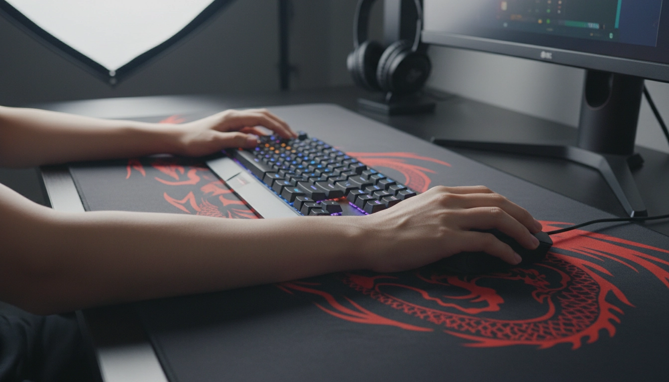 Position ergonomique des mains sur clavier et souris gaming avec les poignets en position neutre