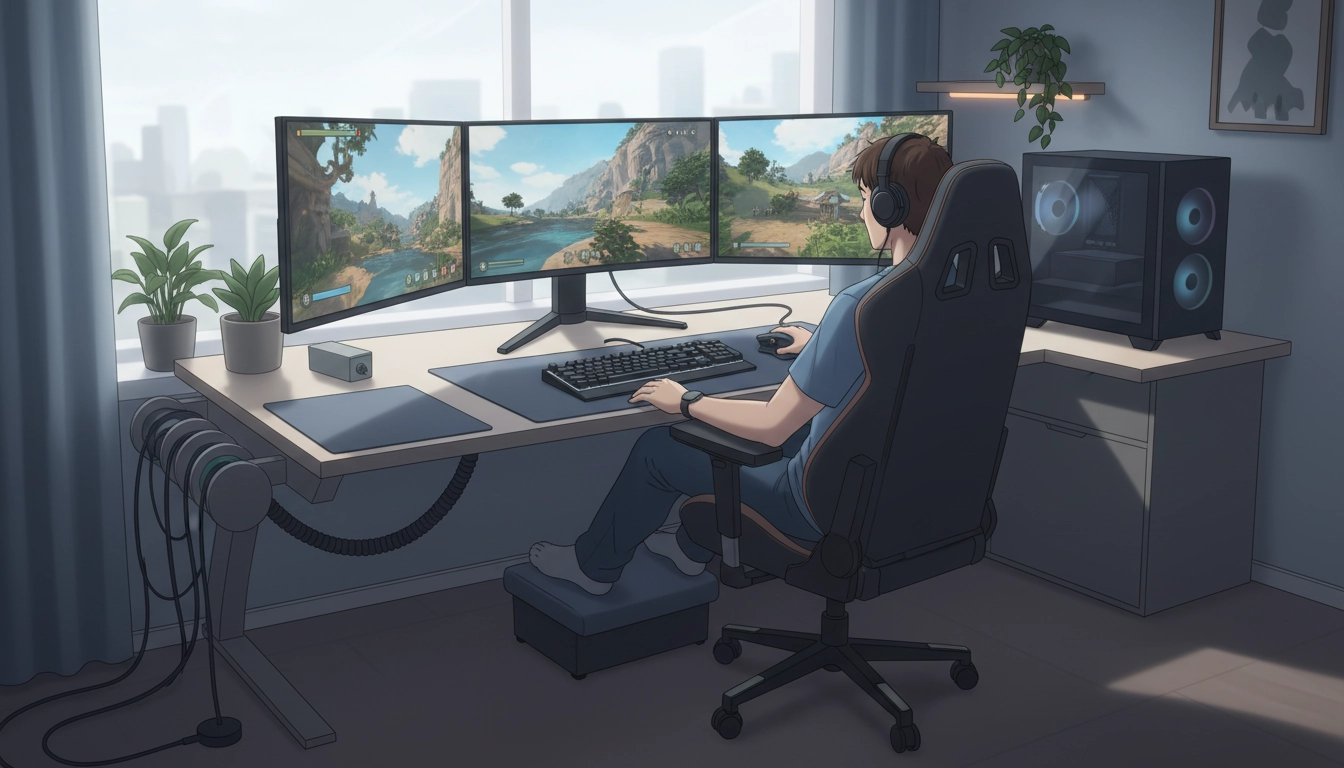Configuration ergonomique complète d'un setup gaming avec siège réglable, bureau bien organisé et éclairage adapté
