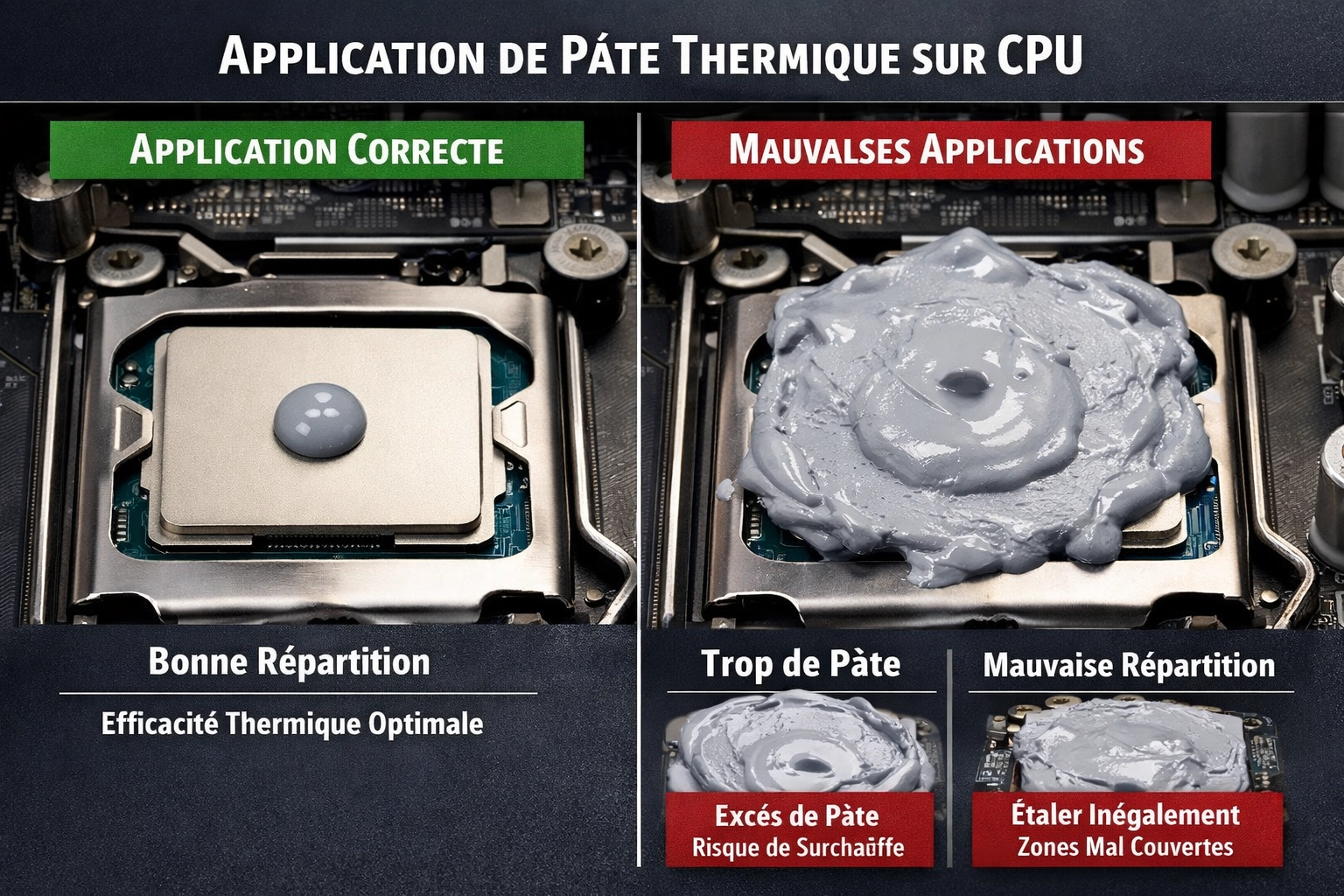 Comparaison des erreurs application pâte thermique CPU à éviter : trop de pâte, mauvaise répartition, et application correcte avec goutte unique