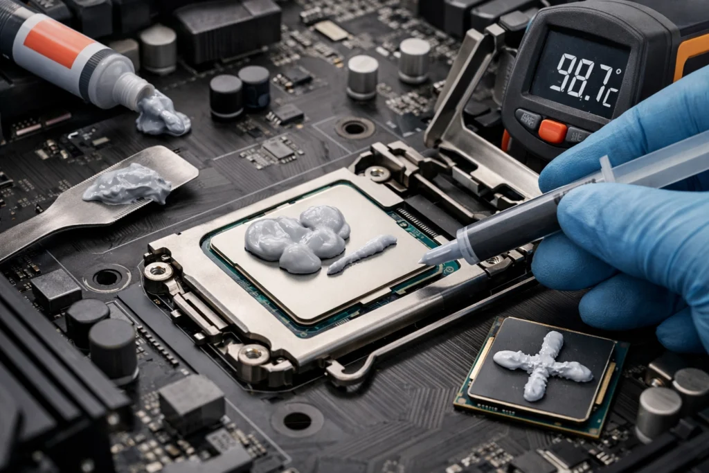 Guide visuel montrant les erreurs application pâte thermique CPU à éviter et les bonnes pratiques d'application