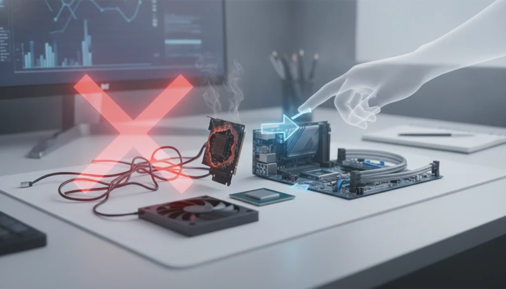 Carte mère de PC gaming avec processeur surchauffé